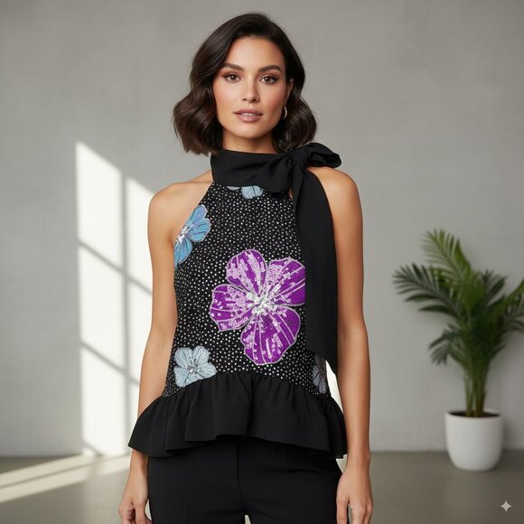 Elliatt Val Sequined Floral Top Black Multi - Picture 1 of 9